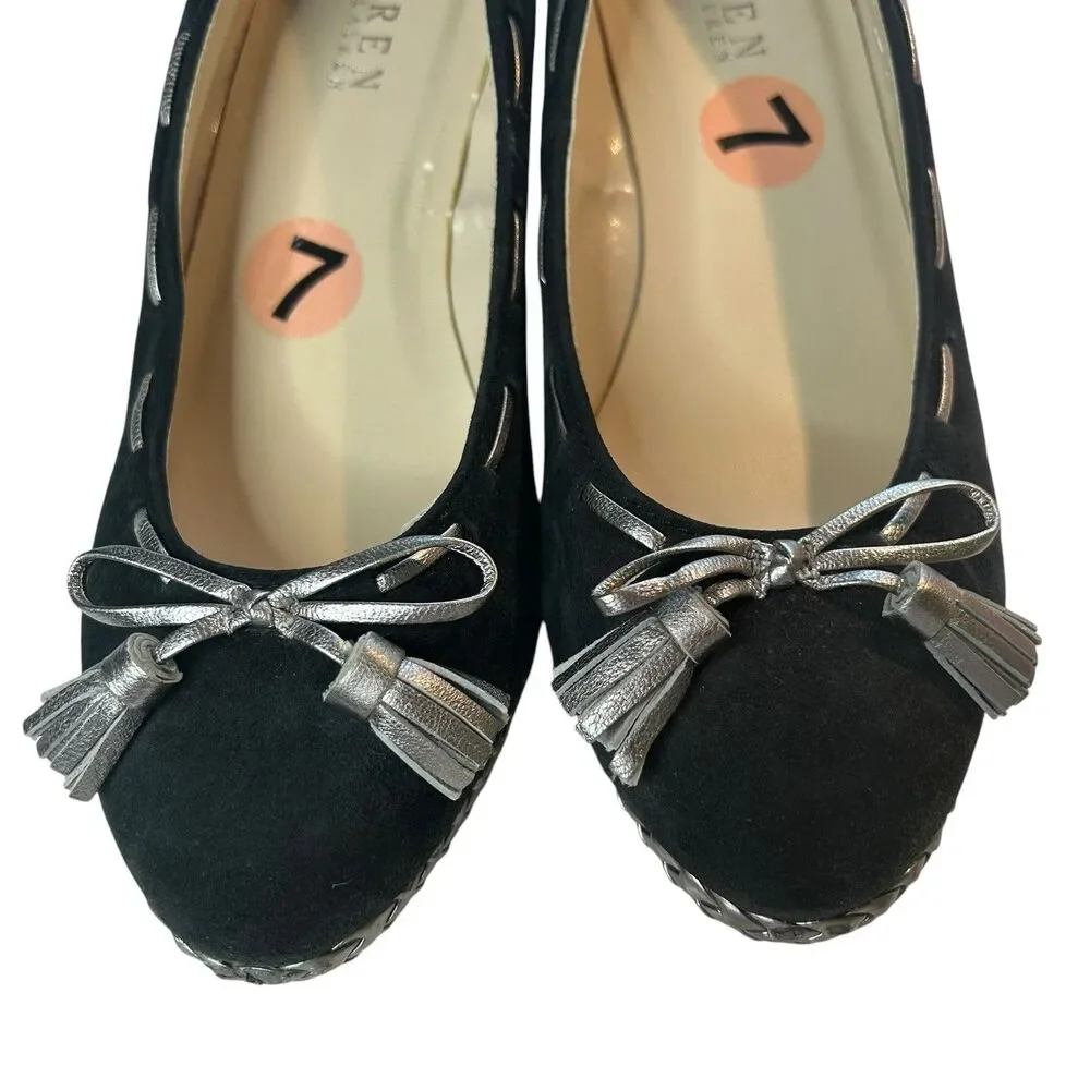 Lauren Ralph Lauren Black Suede Espadrille Wedge Size 7B Cambree Silver Metallic